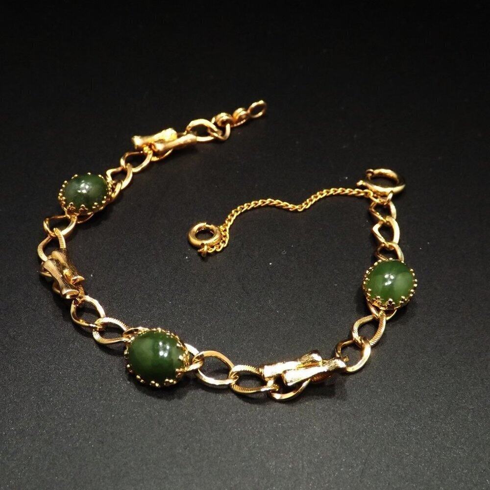 Vintage Asian Jade Nephrite Bracelet Bamboo Charms Gold Tone 1950s